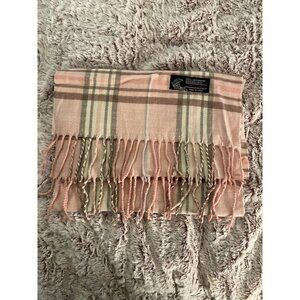 Plaid Cashmere & Viscose Scarf 66..5 “ x 12 “ . Pink, brown, white & blue‎